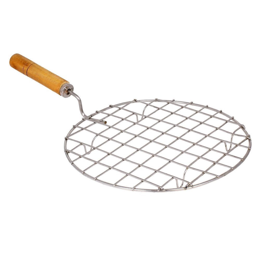 Stainless Steel Wire Round Roaster Papad Net/Jali with Wooden Handle (Silver)