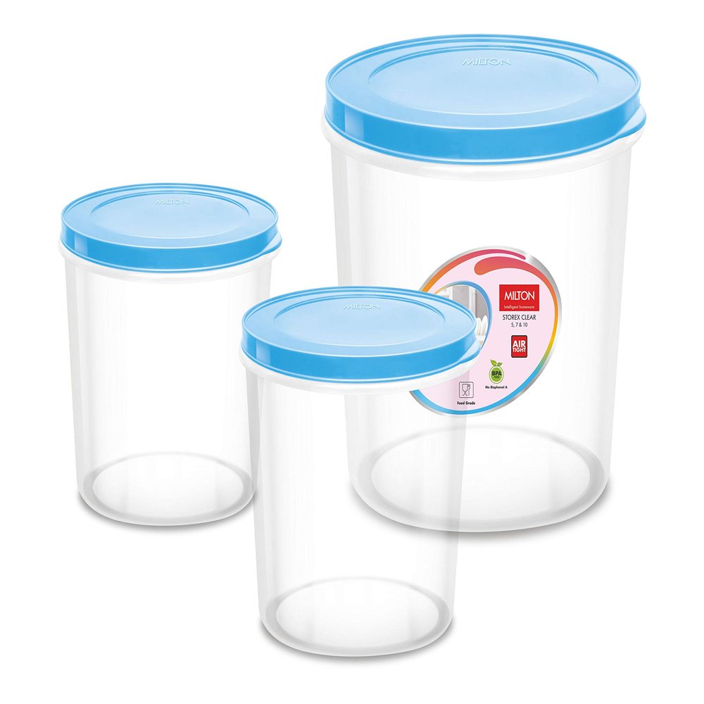 MILTON Storex Clear 5, 7 and 10 Plastic Containers Set of 3 with 3 Lids, (Transparent)