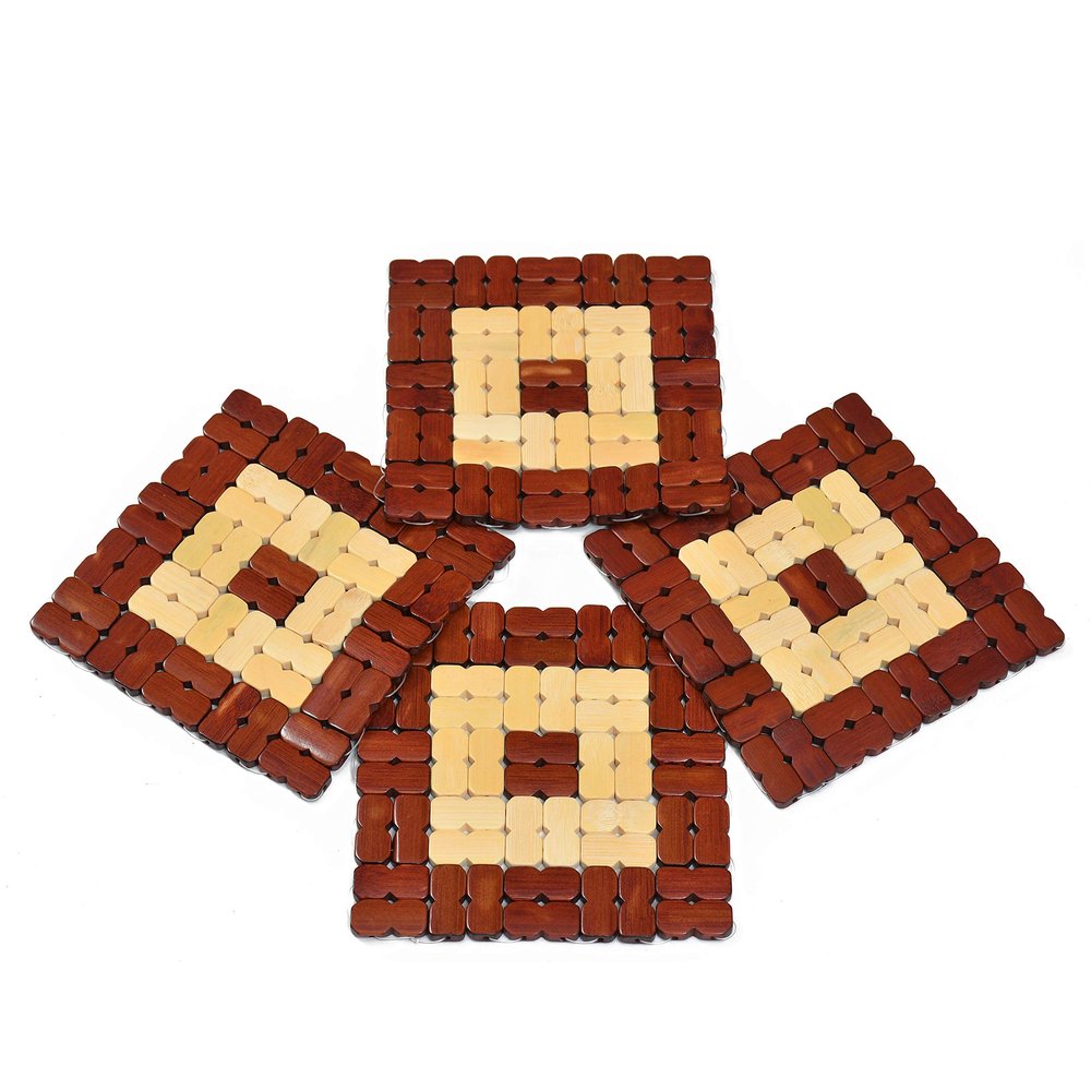 Yellow Weaves 4 Piece Wooden Coasters or Pan Pot Holder Heat Insulation Pad- 17 X 17 CM