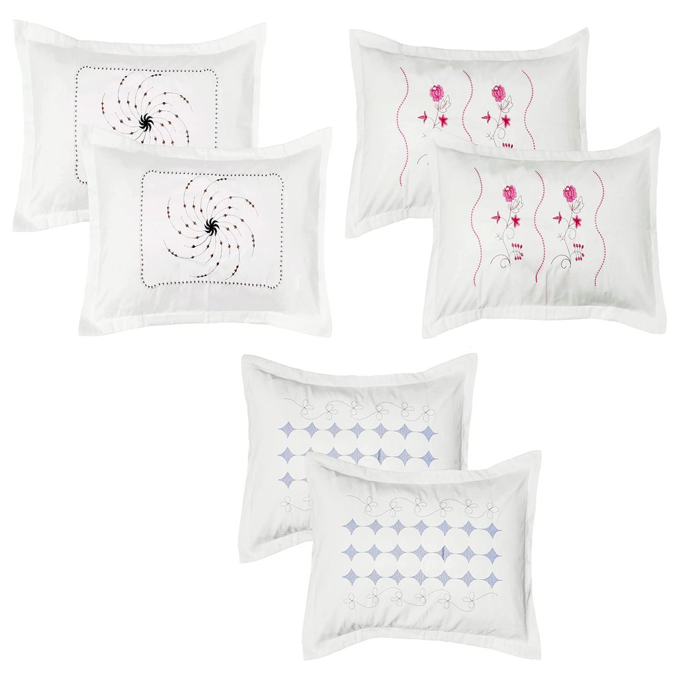 Rj Products Microfiber Embroidery Pillow Covers Set of 6 Piece Luxury Embroidery (Multi_White)