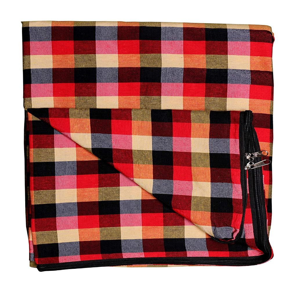 ASIAN HANDLOOM Cotton 300TC Mattress Cover 75x36x6 with zip/Chain Single Bed (Red check)-1 pc