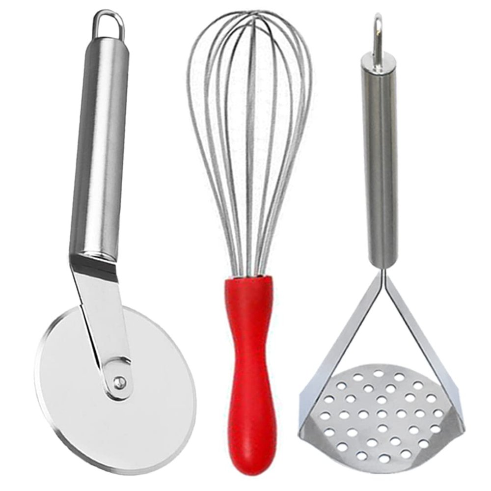 Oc9 Stainless Steel Pizza Cutter/Slicer & Egg Whisk/Egg Beater & Potato Masher/Pav Bhaji Masher for Kitchen