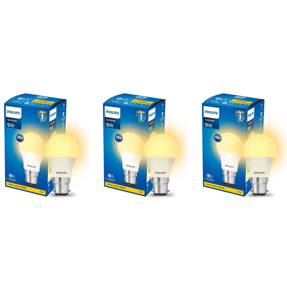 Philips 9W Base B22 Ace Saver Led Bulb (Golden Yellow) - Pack Of 3(B22D)