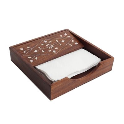 UniqueKrafts Carved Wooden Tissue Paper Holder - 7 x 7 Inch Napkin Holder for Table - Elegant Dining Table Accessories - Decorative and Functional Wooden Napkin Stand