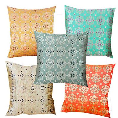 VIREO Art Silk Cushion Cover with Zipper (Multicolour, 12X12-inch) Set of 5
