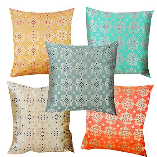 VIREO Art Silk Cushion Cover with Zipper (Multicolour, 12X12-inch) Set of 5