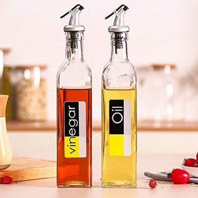 Baskety Glass Oil and Vinegar Cruet Transparent Seasoning Bottle for Dining Table, Kitchen Dispenser - 500ml (Pack of 2)