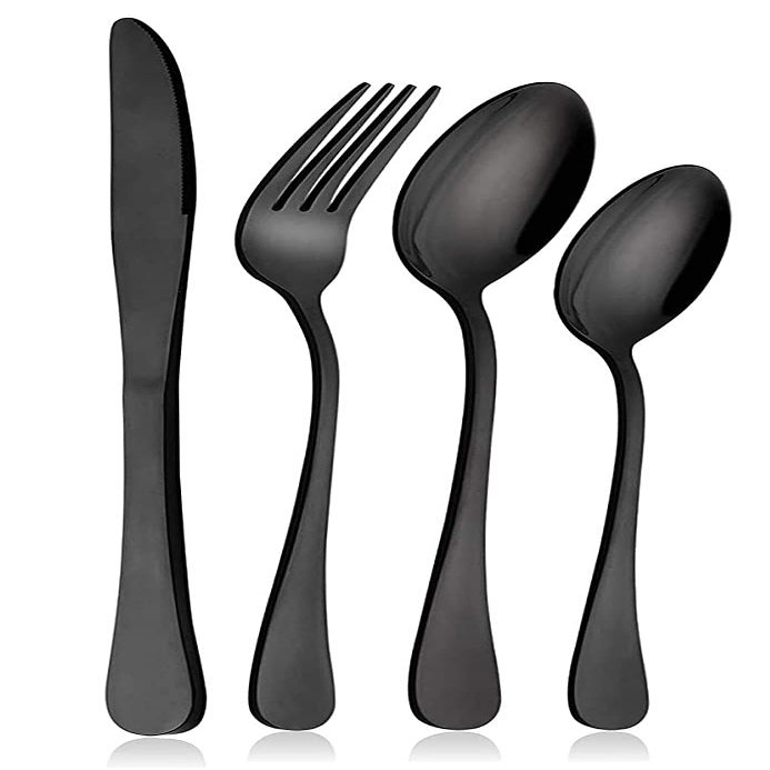 ginoya brother Metal Set Stainless Steel Flatware Utensil Include Fork/Tea Spoon, Mirror Polished, Dishwasher Safe (Black)