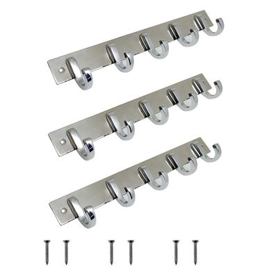 VOLO Premium 5 Pin Chrome/Glossy Cloth Hanger, Wall Door Hooks Rail for Hanging Clothes, Bathroom Towel Hook Set. (Pack of 3)