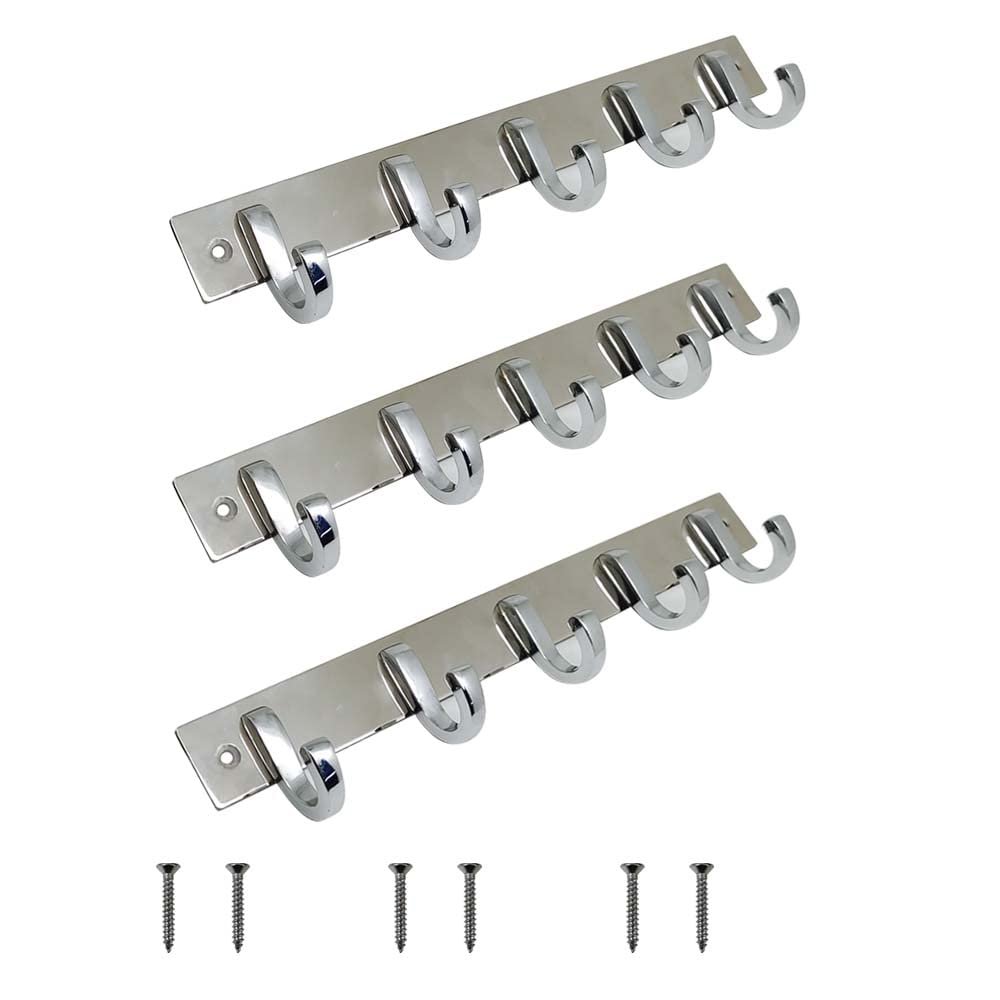 VOLO Premium 5 Pin Chrome/Glossy Cloth Hanger, Wall Door Hooks Rail for Hanging Clothes, Bathroom Towel Hook Set. (Pack of 3)