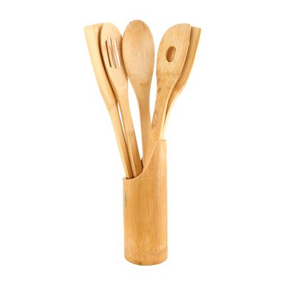 CLASSY TOUCH Bamboo Cooking, Serving Wooden Spoon 5 Piece Set with 1 Bonus Holder Wooden (Each 30 cm Long Approx)