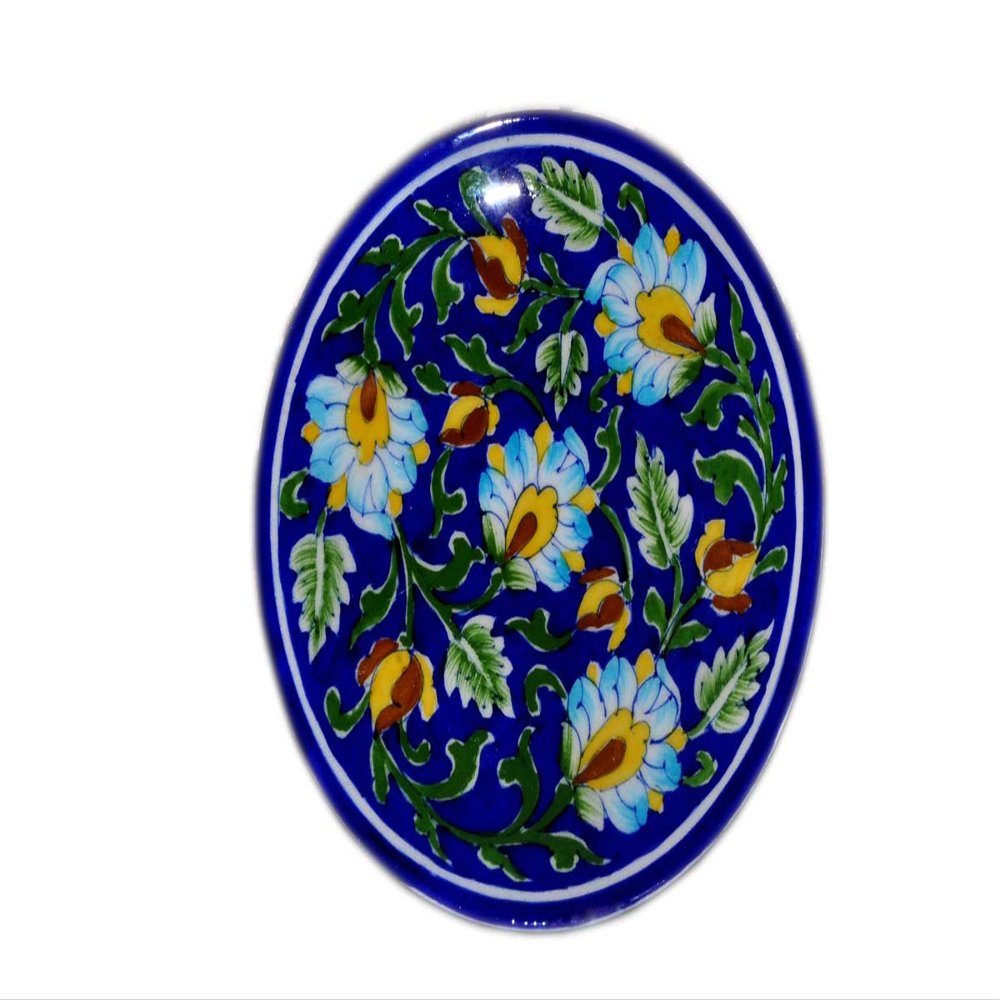 Shiv KRIPA Blue Art Pottery Ceramic Wall Hanging Handmade 7 Inch Round Plate (Blue & Multi)