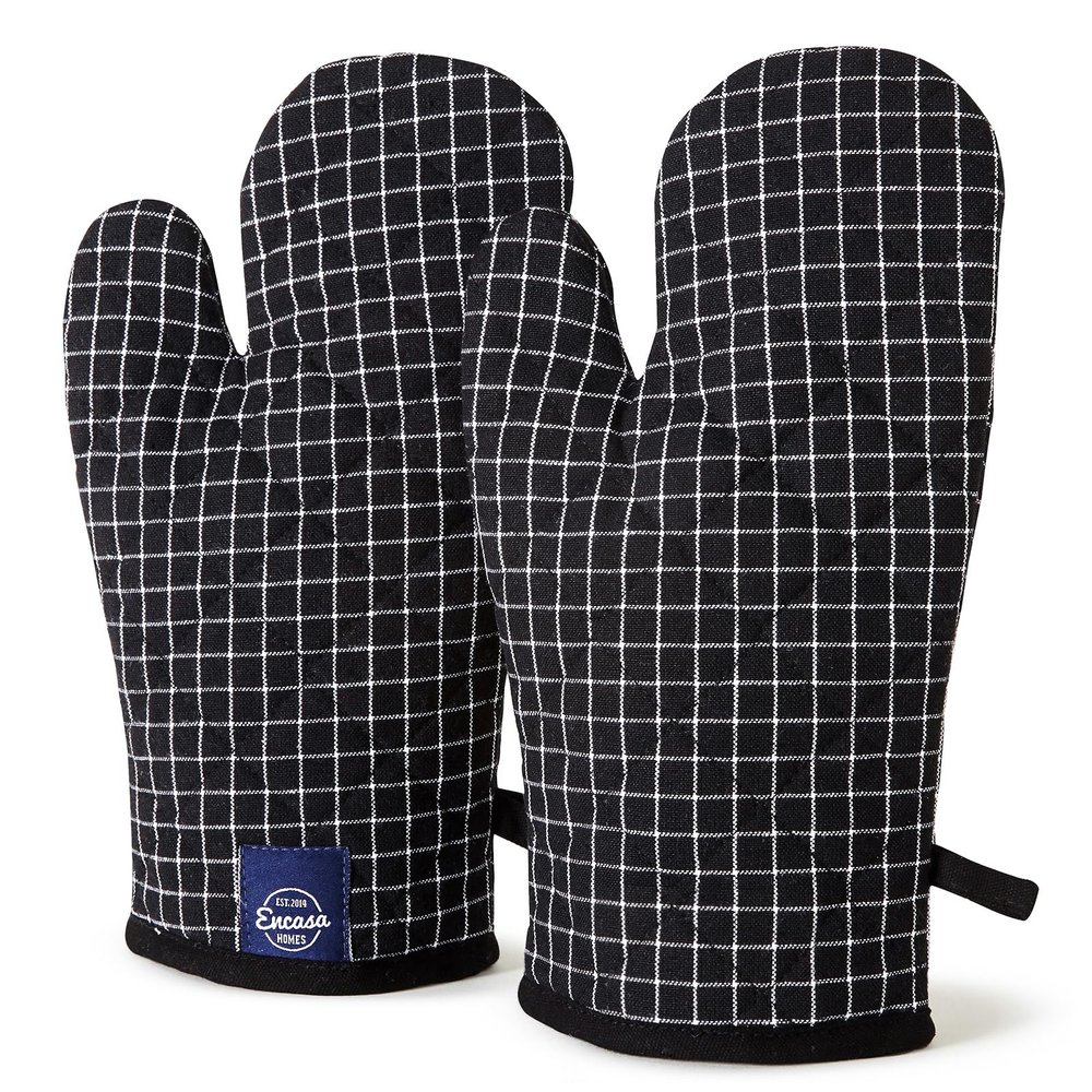 Encasa XO Oven Gloves for Microwave (2 pc Set) - Heat Proof, Thick & Safe | Longer 18x30 cm Mittens for Protection in Kitchen Cooking & Baking - Butcher Checks Black
