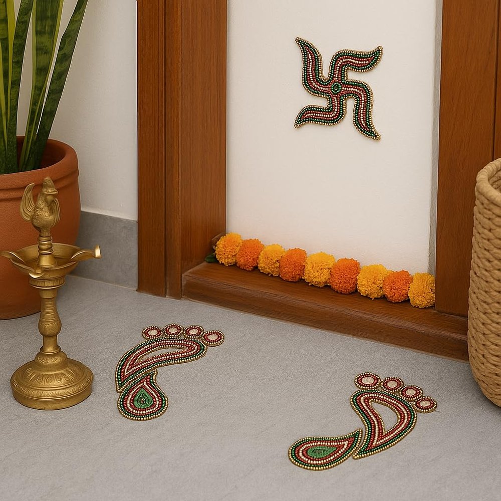 Aabhaas Design Swastik Rangoli for Diwali Floor, Wall, Table-Lakshmi Feet Rangoli-Acrylic Handcrafted Decorative Kundan Swastik Rangoli Set, Swastik Size:4x4cm Feet Size: 12X6cm (Set of 3 Pieces)