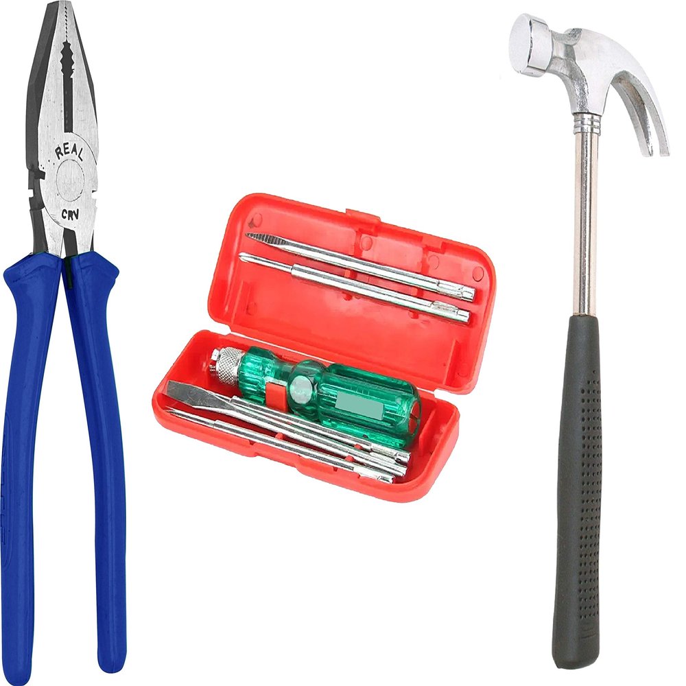 REALstf Multi Hand Tool Kit 8 Pc. - Combination Cutting Plier 8", Claw Hammer Steel Shaft 1/2 LB Hand Tool Kit, 6 Pc. Set of Screw Driver Kit Hand Tool Kit
