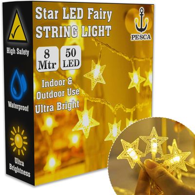 PESCA Star String Lights 50 Star LED with 8 Metre Length (Warm White,Plastic,Corded Electric)
