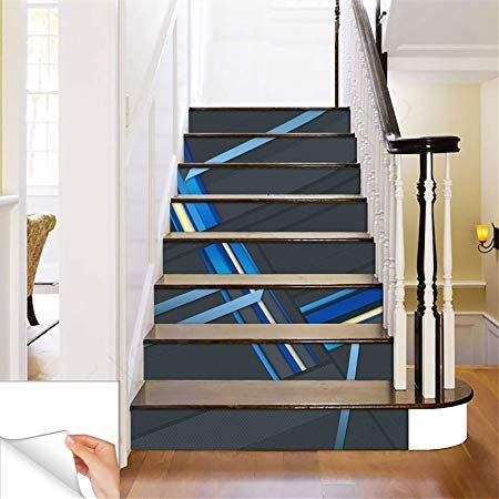 Gadgets Wrap Printed Patterns Blue Grey Steps Sticker Removable Stair Sticker Floor Wall Decor Decals Sticker
