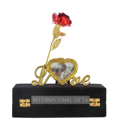 INTERNATIONAL GIFT Foil Rose Flower Present with Heart Photo Frame Love Shape Stand and Luxury Black Gift Box (Gold)