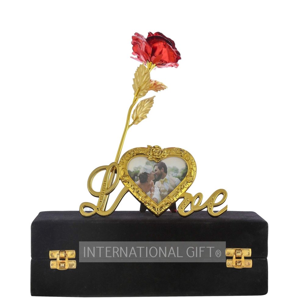 INTERNATIONAL GIFT Foil Rose Flower Present with Heart Photo Frame Love Shape Stand and Luxury Black Gift Box (Gold)