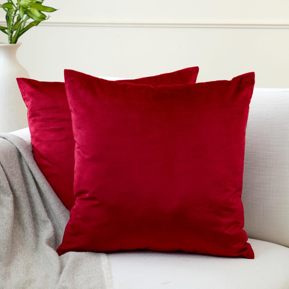 Encasa XO Velvet Throw Pillow Covers 16x16 in (40x40 cm) - Red - No Inserts, Pack of 2 Cases | Solid Plain Dyed Soft & Smooth, Square Decorative Cushion Covers for Living & Bedroom