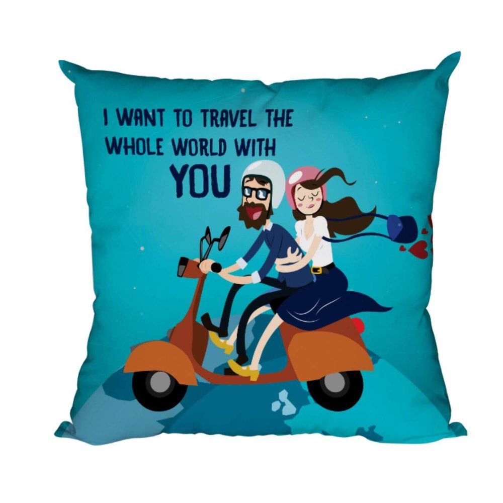 YaYa cafe I Want to Travel World with You Love Printed Canvas Cotton Cushion Cover Throw Pillow (20 x 20 inches; Blue)