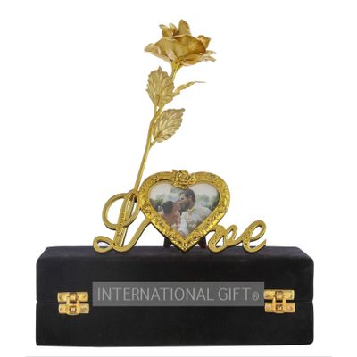 INTERNATIONAL GIFT Golden Rose Flower with Golden Leaf with Heart Photo Frame Love Shape Stand and Luxury Black Gift Box