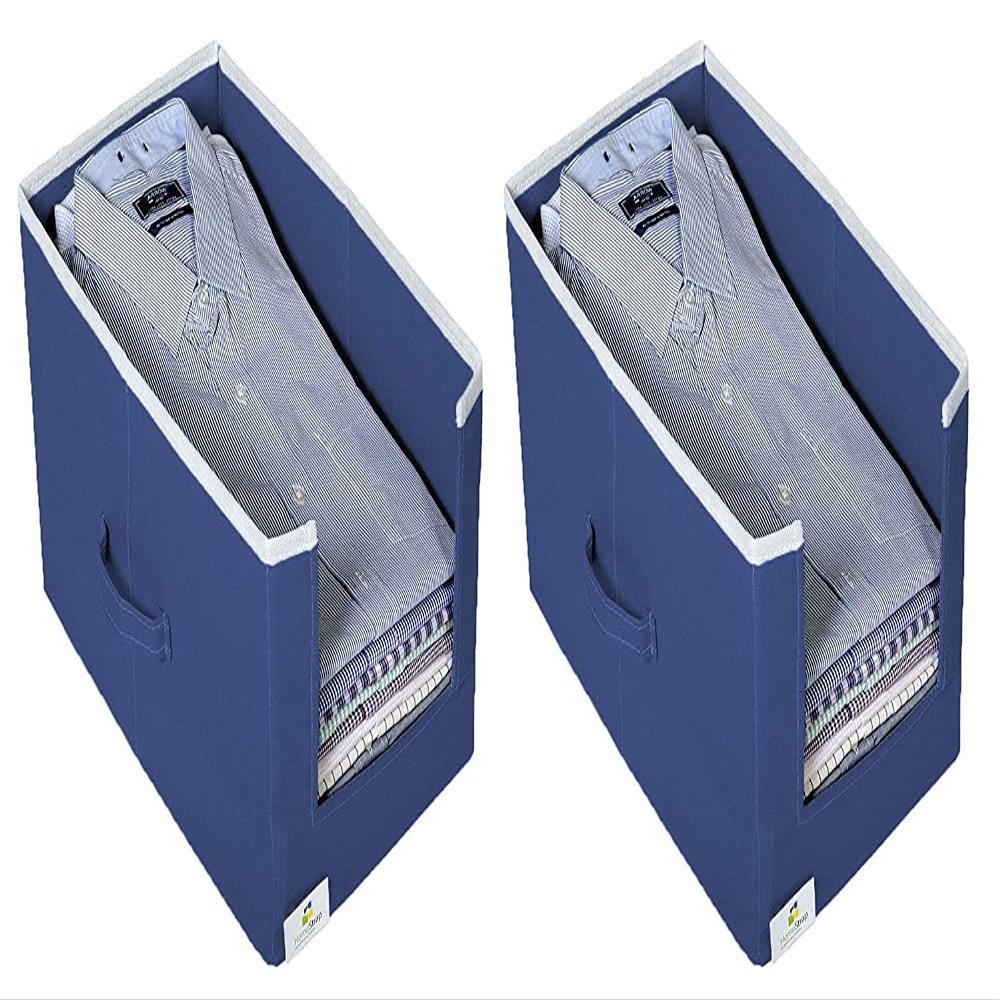 HomeStrap Set Of 2 Non Woven Shirt Stacker/Cloth Storage Foldable Wardrobe/closet Organizer With Handle For T-shirts Shirts & Clothes (Navy Blue)