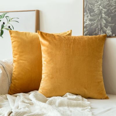 Khooti Velvet Cushion Cover, 12x12 | Gold | Pack of 2 | Solid Plain Soft & Smooth, Decorative Cushion Covers for Living Room, Bedroom, Couches, Chairs, Sofas, Beds & Home Decor