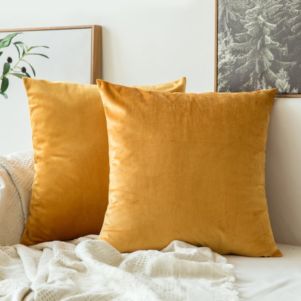 Khooti Velvet Cushion Cover, 12x12 | Gold | Pack of 2 | Solid Plain Soft & Smooth, Decorative Cushion Covers for Living Room, Bedroom, Couches, Chairs, Sofas, Beds & Home Decor
