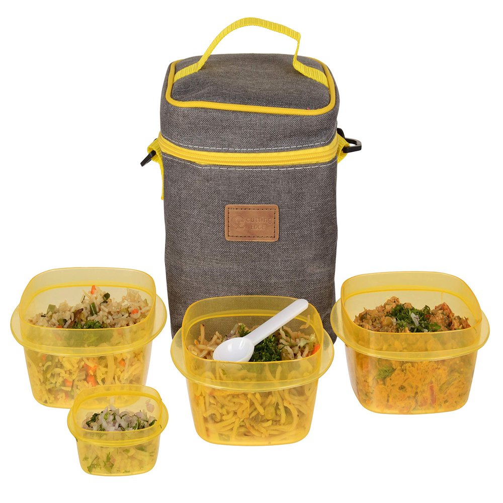 Cutting EDGE Canva Plastic Lunch Box Set, 5-Pieces (4 Box and Lunch Bag) (Yellow)