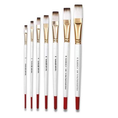 KAMAL Artist Brush Set in Flat tip with White-Brown Taklon/Synthetic bristles Set in Aluminium Ferrule, Wooden Handle Artist Painting Brush for Oil, Nail, Artist Acrylic 7 Painting Brush