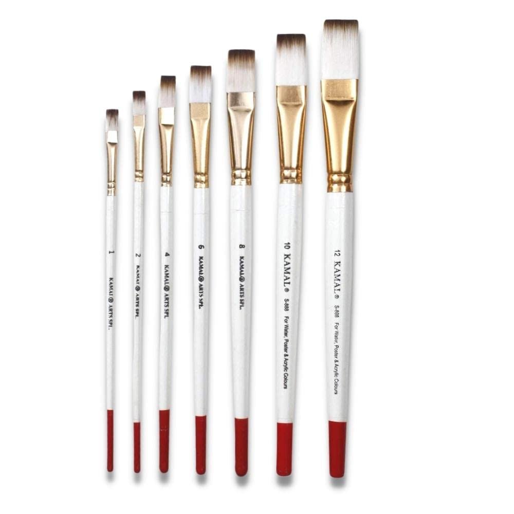KAMAL Artist Brush Set in Flat tip with White-Brown Taklon/Synthetic bristles Set in Aluminium Ferrule, Wooden Handle Artist Painting Brush for Oil, Nail, Artist Acrylic 7 Painting Brush