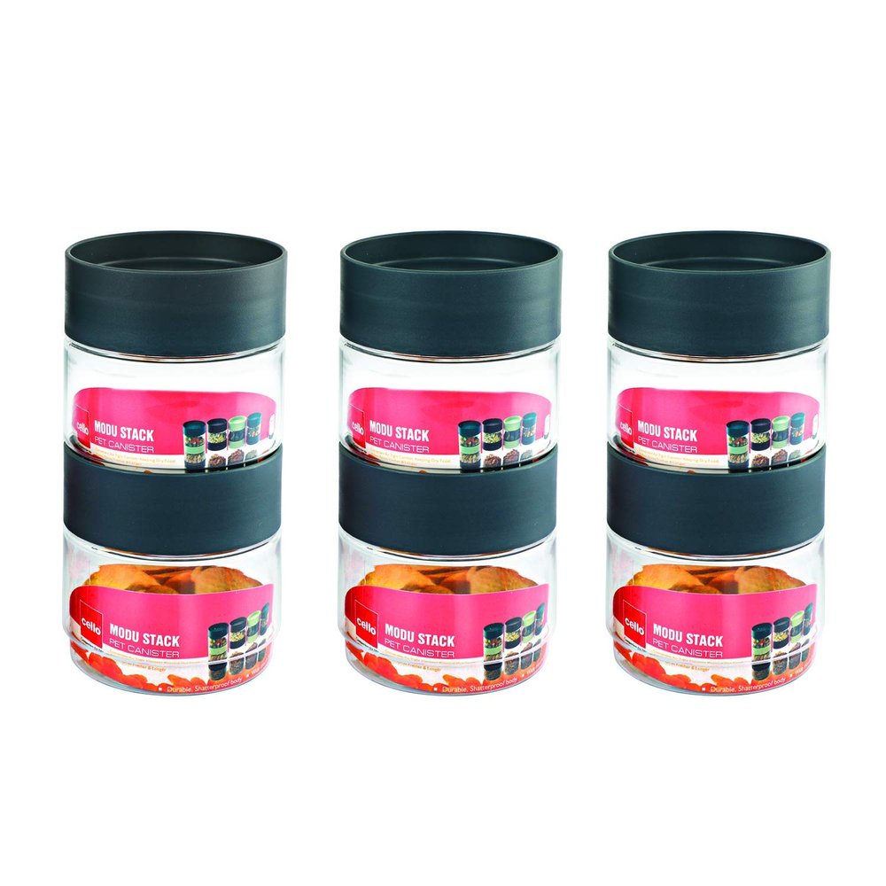 CELLO Modustack Stackable PET Container Set of 6 (500 ml x 6), Grey| | For Grains, Pulses, Spice, Cereals, Cookies, Dry Fruits | Fridge Storage Container