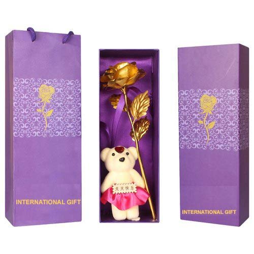 INTERNATIONAL GIFT Golden Rose and Love Stand Gift Box and Carry Bag (Golden, 1 Piece)
