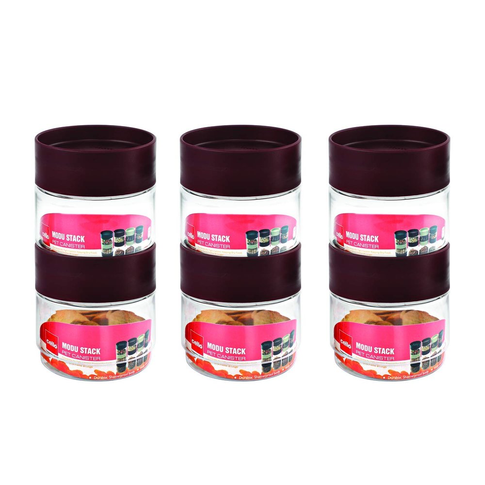 CELLO Modustack Stackable PET Container Set of 6 (500 ml x 6), Maroon | For Grains, Pulses, Spice, Cereals, Cookies, Dry Fruits | Fridge Storage Container