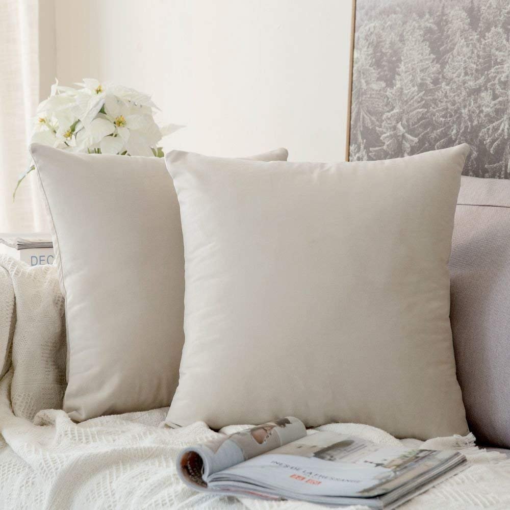 Khooti Velvet Cushion Cover, 12x12 | Cream White | Pack of 2 | Solid Plain Soft & Smooth, Decorative Cushion Covers for Living Room, Bedroom, Couches, Chairs, Sofas, Beds & Home Decor