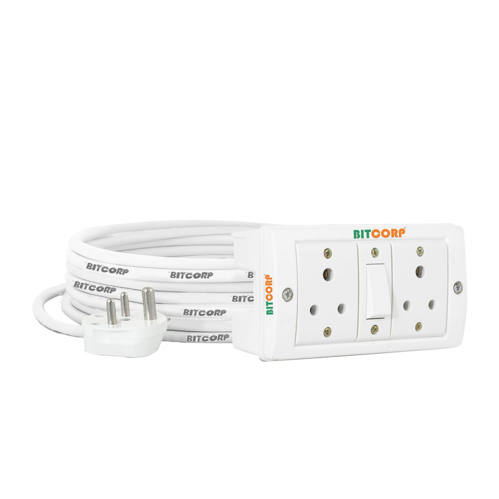 Bitcorp Extension Cord 2 Socket 1 Switch, 6A 2000W Heavy Duty Power Strip, Surge Protected 2 Meter Wire for Home, Office, Electric Vehicle Charging, TV, Fridge, Cooler, PC (White) 220V
