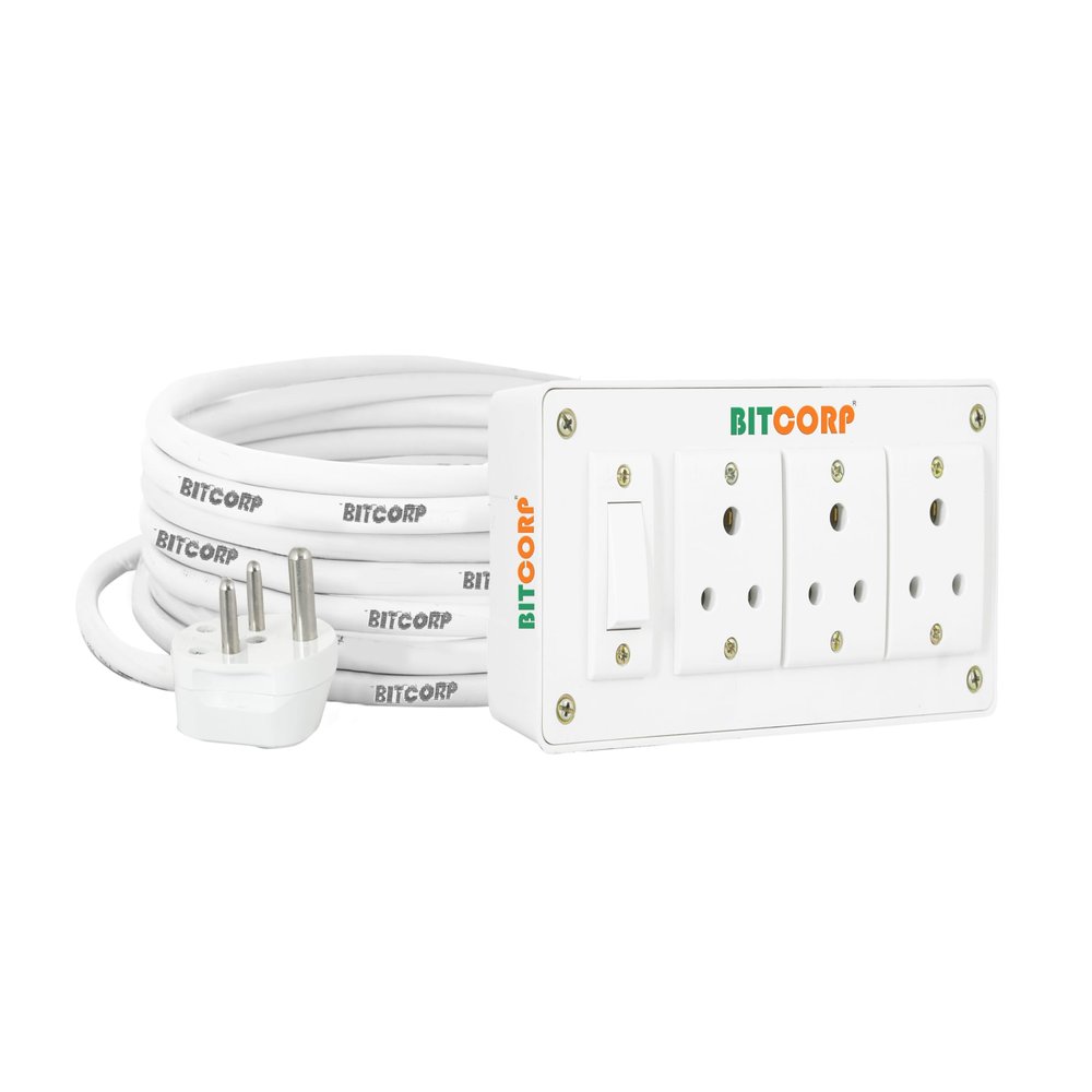 Bitcorp Power Extension Board 3 Socket 1 Switch, 6A 2000W Surge Protector 2 Meter Electric Cord for Appliances, Fridge, Home, Office, Computer, AC (White) 220 Volts