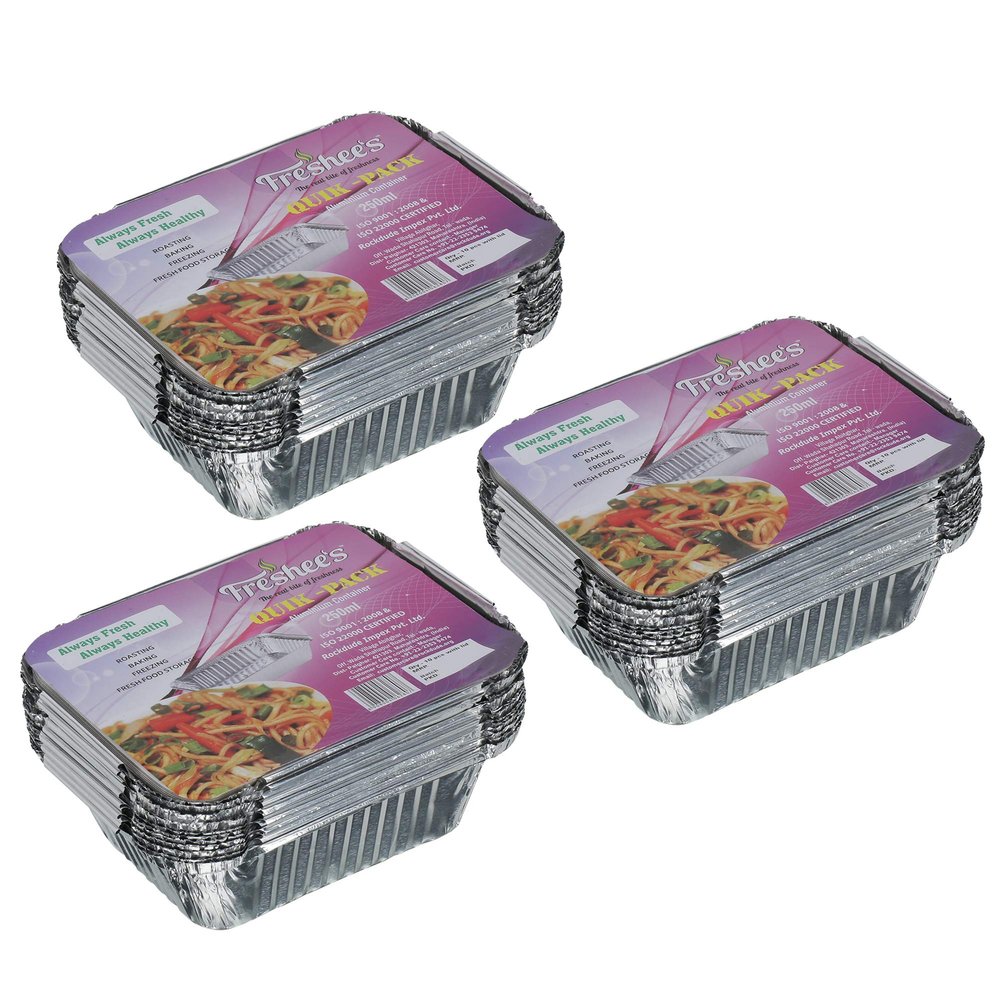Freshee Pack of 3 x 10 Aluminium Silver Foil Container 250ml| 100% Recyclable Food Storage Disposable Containers with Lid For Kitchen | Bacteria Resistant