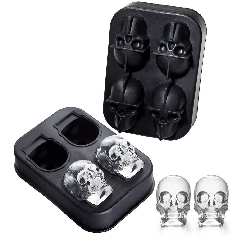Styleys 3D Skull Silicone Ice Cube Tray Mold, Makes Four Giant Skulls, Ice Cube Maker in Shapes (4 Skull Shape, S11008)