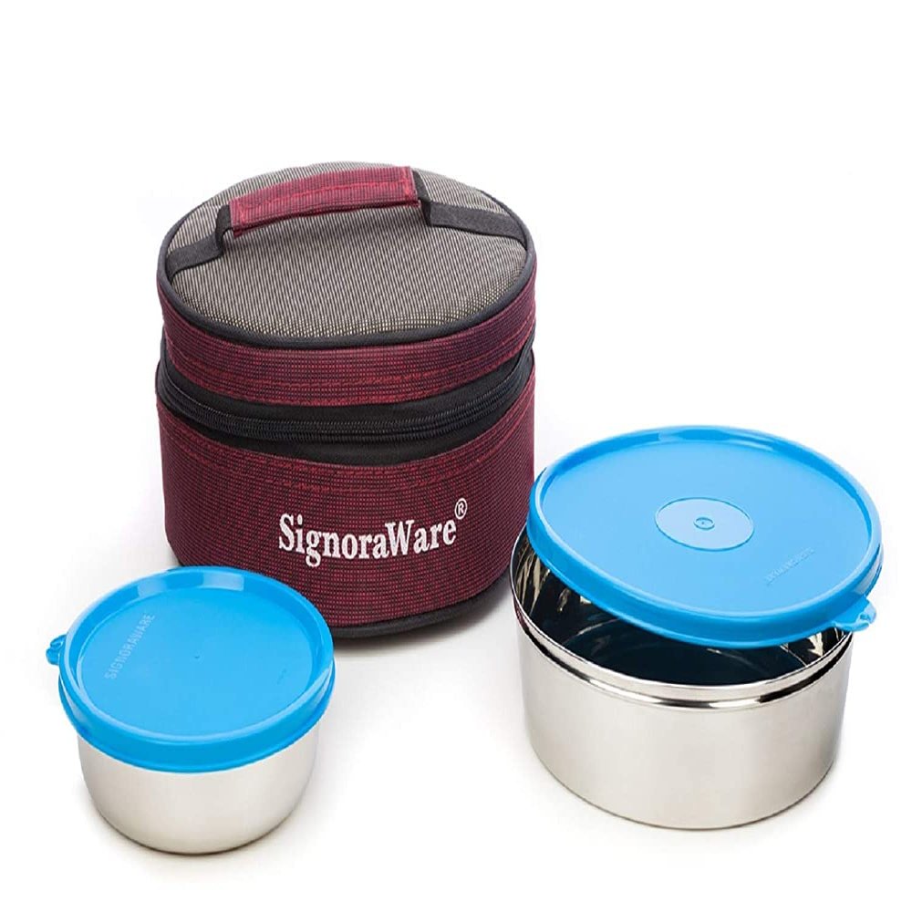 Signoraware Classic Stainless Steel Lunch Box, 2-Pieces, Blue, 1300 Milliliter