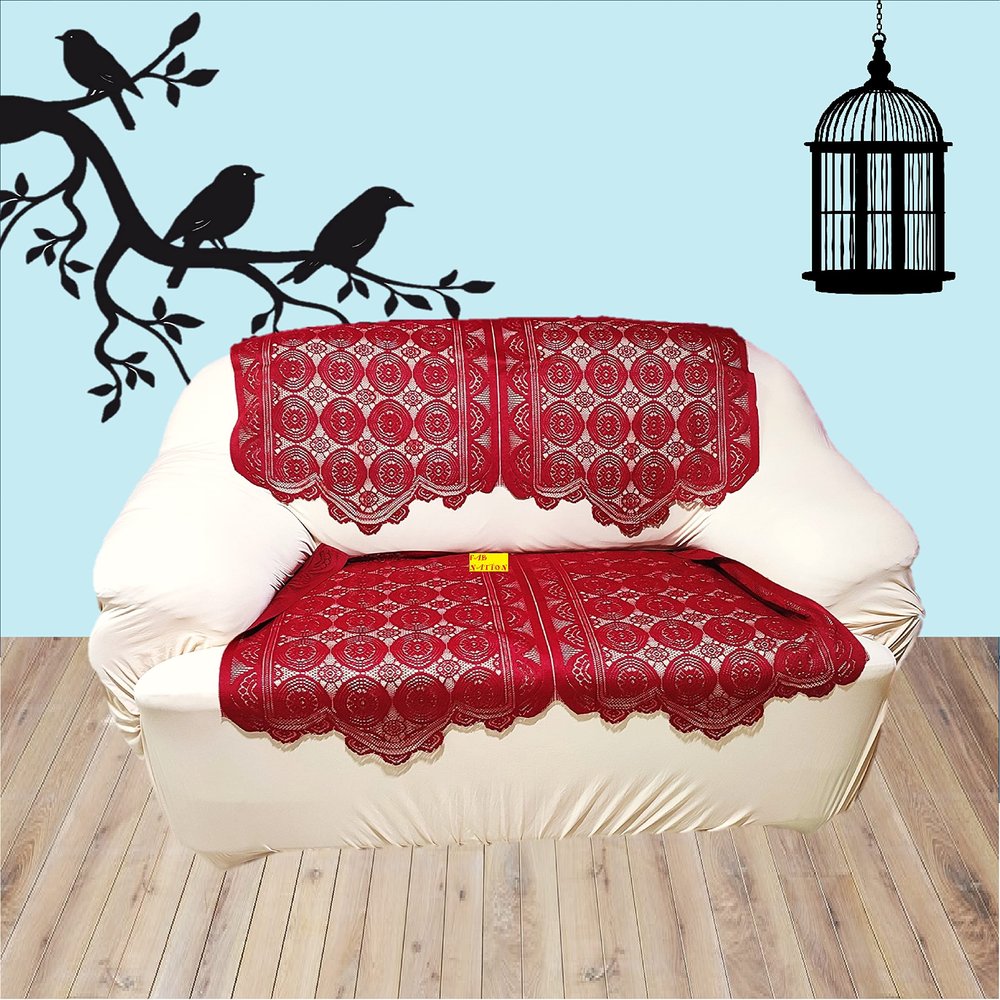 Fab Nation Set of 2 Seater Sofa Covers Set Maroon, Polyester Net Sofa Cover