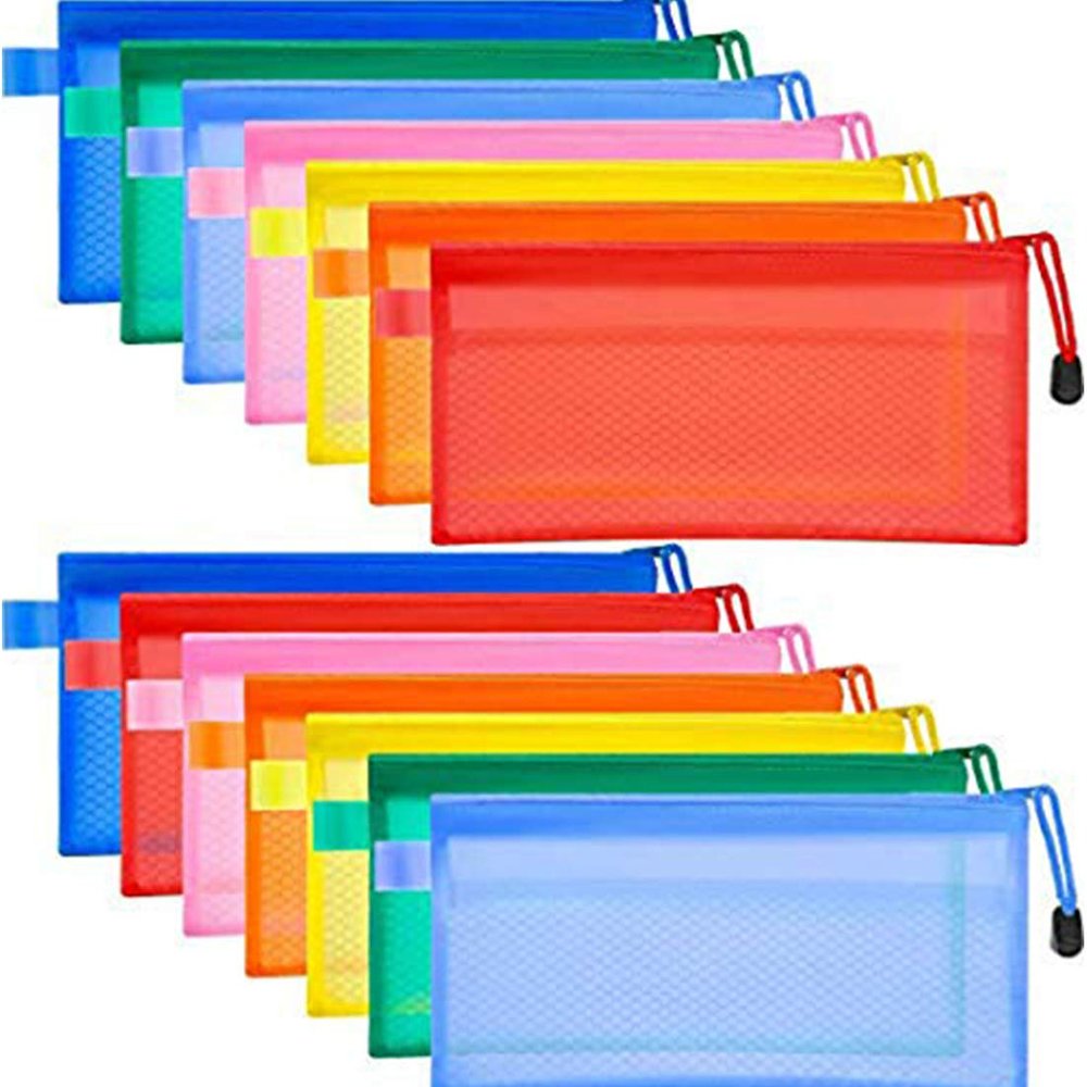 DIY Crafts Design # No 1, Pack Of 14 Pcs, 7 Colors Waterproof Double Layer Zippered Mesh Bag for Pen Pencil (Design # No 1, Pack Of 14 Pcs)