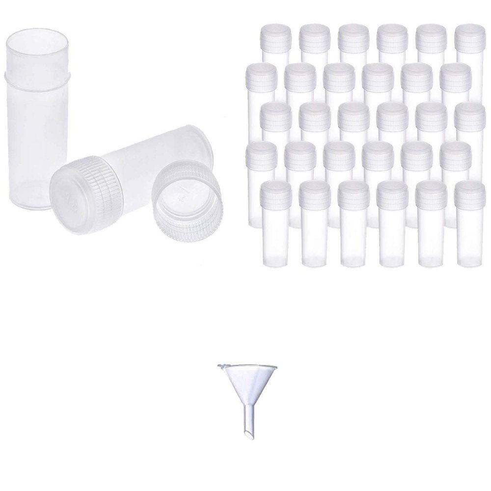 DIY Crafts 25 Combo Botles + Funnel, Clear/Transparent, 5 ml Plastic Sample Bottles Mini Clear Storage Case with (25 Combo Botles + Funnel, Clear/Transparent)