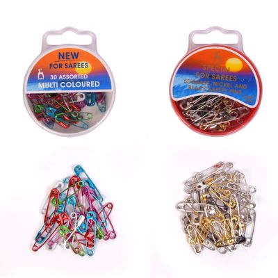 PRANSUNITA Pony Special Saree Safety Pins, 30 Multicolored & 50 Brass, Nickel & Black Pins in Plastic Box