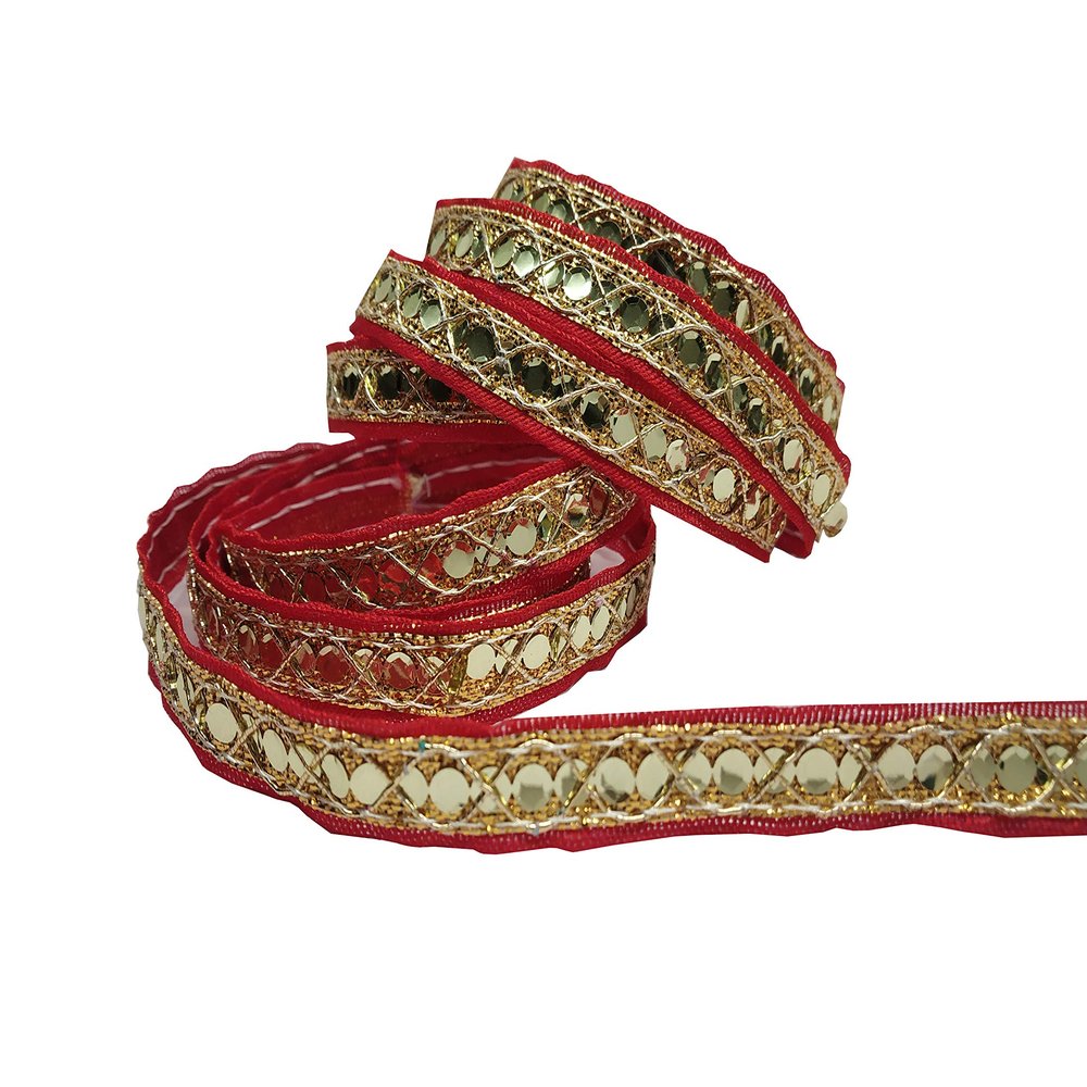 Utkarsh Wg0085 Red and Golden Lace Gota Patti with Mix Design Machine Made Embroidery Lace Border with 1.27 cm Width and 9 Mtr Long Lace Reel