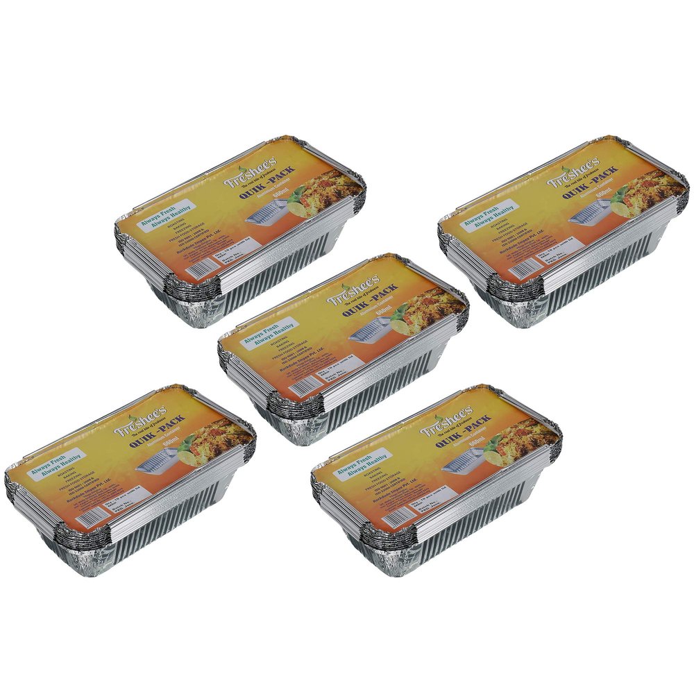 Freshee Pack of 5 x 10 pcs Aluminium Silver Foil Container of 660ml, Food Storage Disposable Containers with Lid for Kitchen