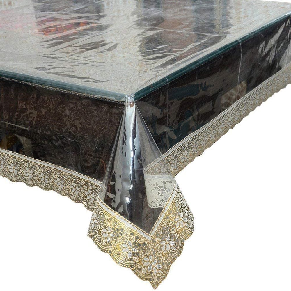 Yellow Weaves PVC Plastic Rectangular Waterproof Protector Dining Table Cover for 6-8 Seater - with Golden Laced Bordered (Transparent , 60 X 90 Inches)