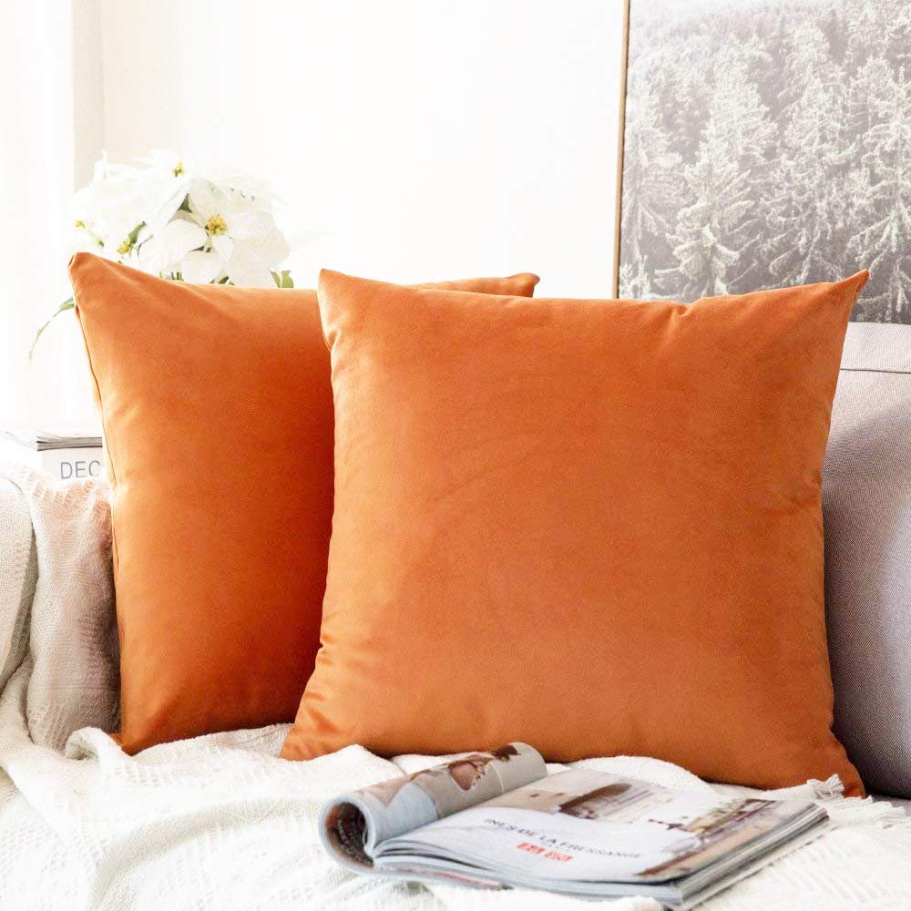 Khooti Velvet Cushion Cover, 12x12 | Orange | Pack of 2 | Solid Plain Soft & Smooth, Decorative Cushion Covers for Living Room, Bedroom, Couches, Chairs, Sofas, Beds & Home Decor