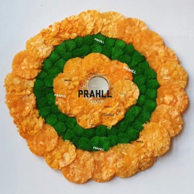 PRAHLL Designer Rangoli Tlite Artificial Marigold Flower Mat on Canvas (12 inch Diameter, with Tlite Holder and Tlite) (Orange & Green)